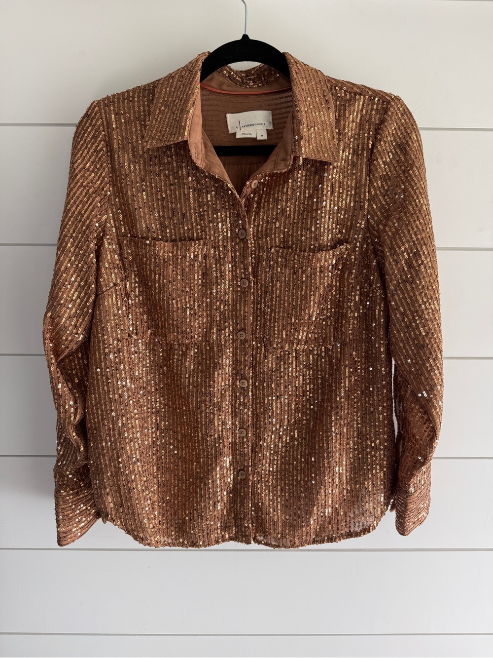 Anthropologie Copper Sequin Button-Down Shirt